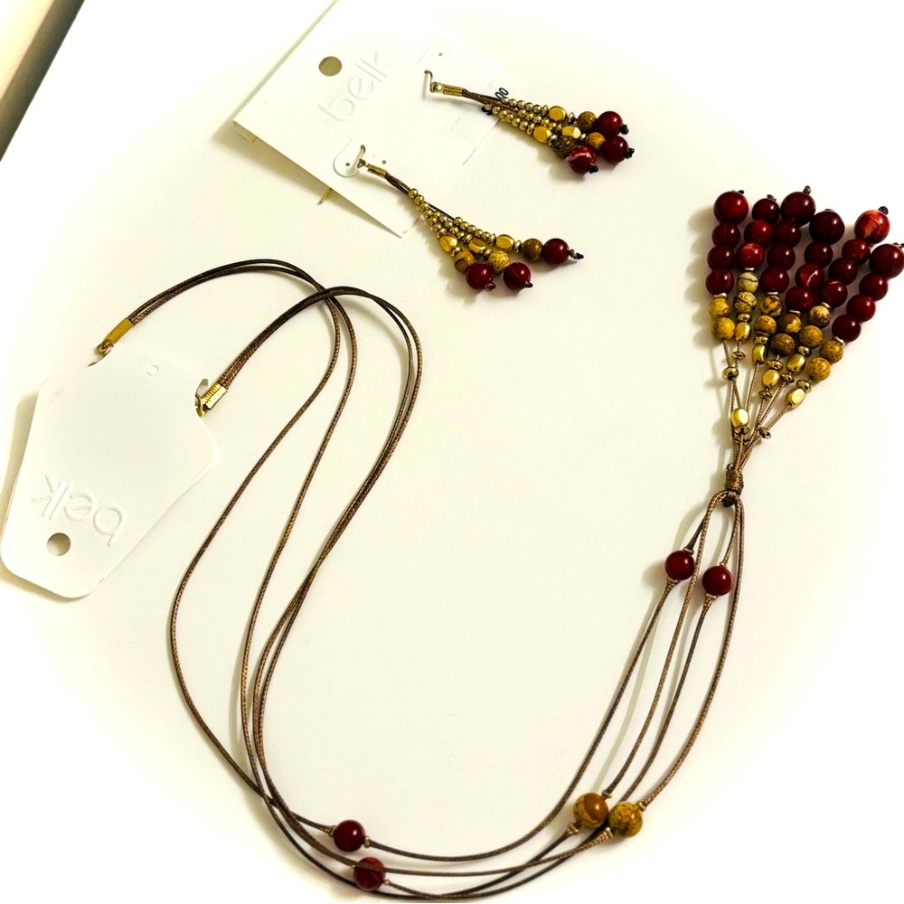 🆕 Belk Wonderly | Berry & Gold Neutral Beaded Tassel Earring & Necklace Set